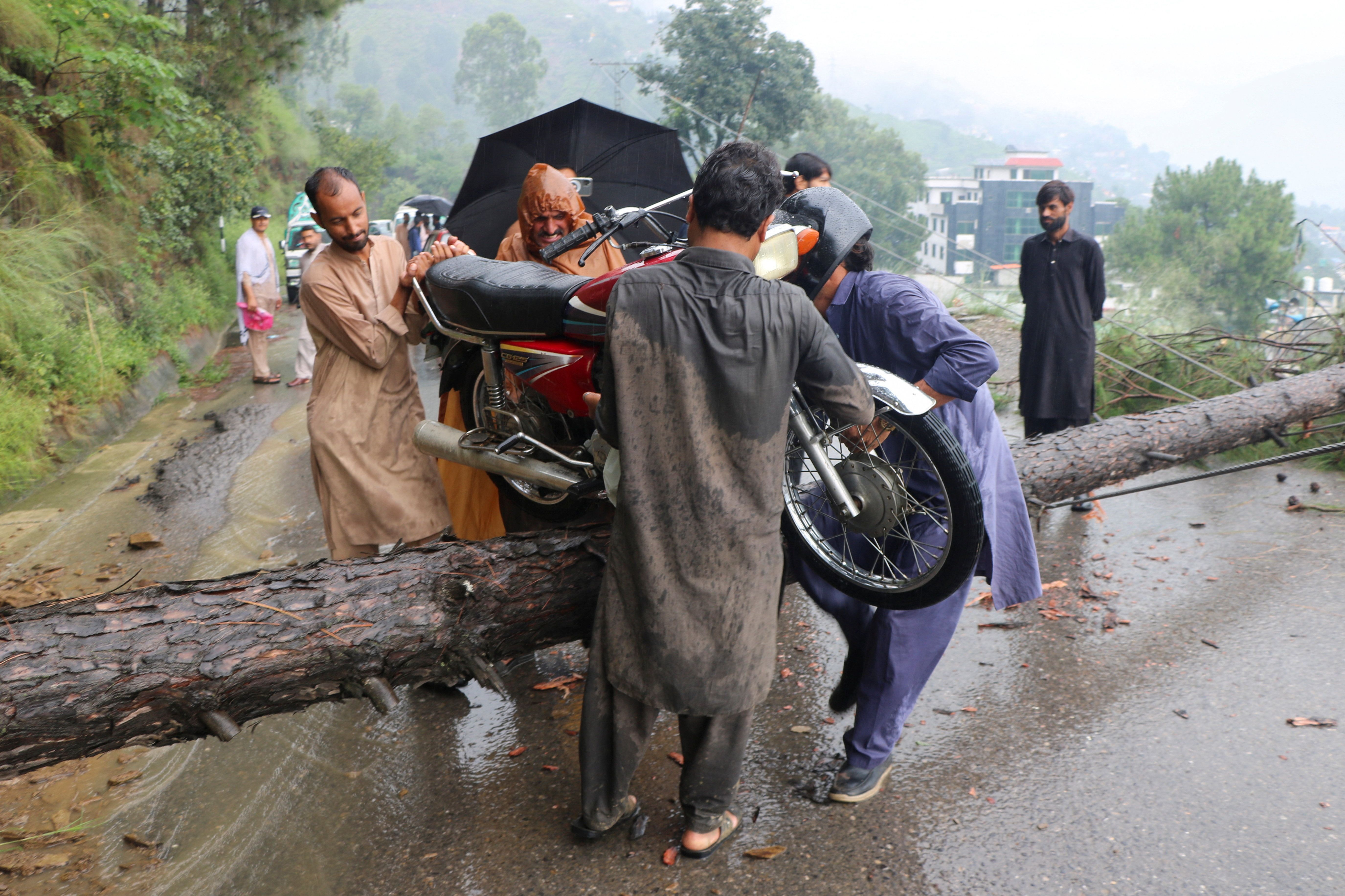 Estrada interdidata por queda de árvore em Muzaffarabad, no Paquistão