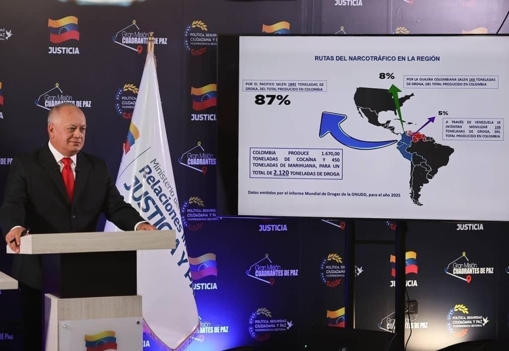 Ministro do Interior, Justiça e Paz da Venezuela, Diosdado Cabello, em coletiva de imprensa, em 25 de agosto de 2025.