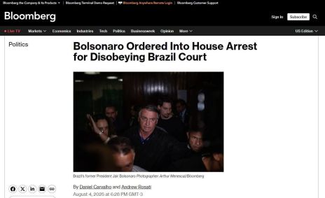 Bloomberg repercute decreto de prisão domiciliar de Jair Bolsonaro