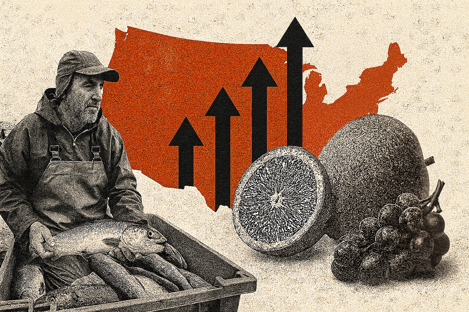 Um vendedor de peixes e frutas são colocados em primeiro plano à frente do desenho dos Estados Unidos