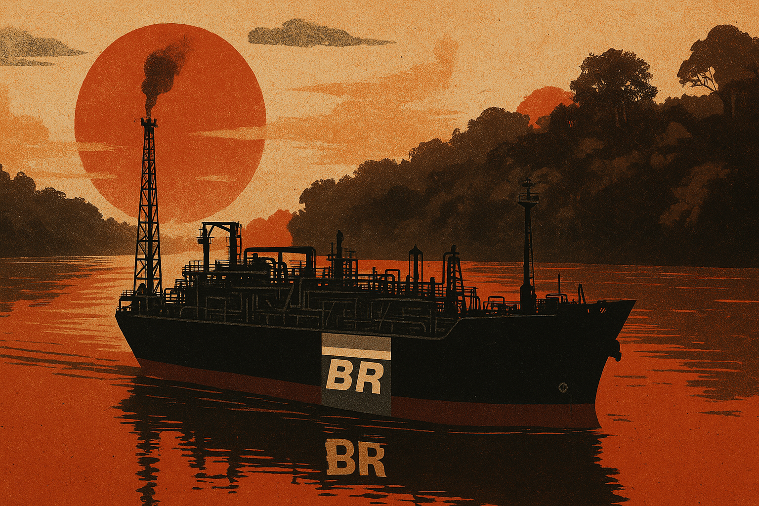 Representação de navio plataforma com o logo da Petrobras atravessando a Foz do Rio Amazonas