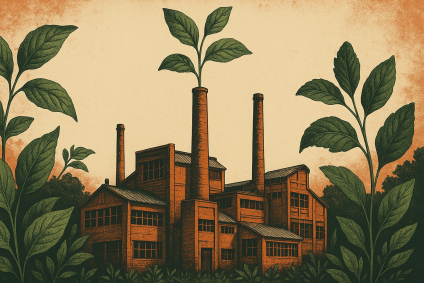 Ilustração de uma fábrica/indústria rodeada de plantas