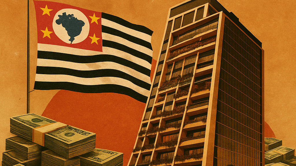 Ilustração de um prédio de luxo ao lado da bandeira do estado de São Paulo e pilhas de dinheiro