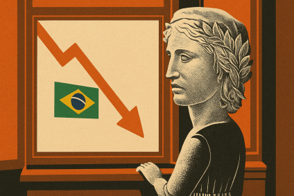 Representação gráfica do rosto da nota de real olhando pela janela e vendo uma seta caindo apontada para uma bandeira do Brasil