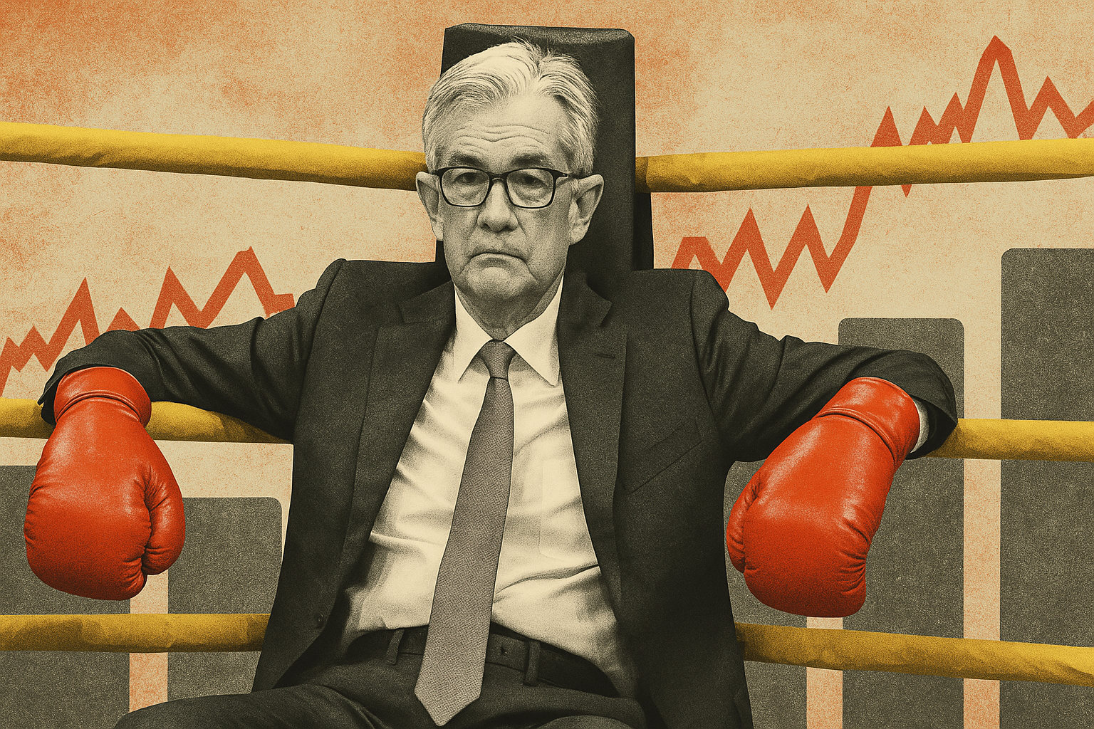 Ilustração de Jerome Powell, presidente do Federal Reserve, com luvas de boxe, sentado no canto de um ringue, com conceitos gráficos atrás dele
