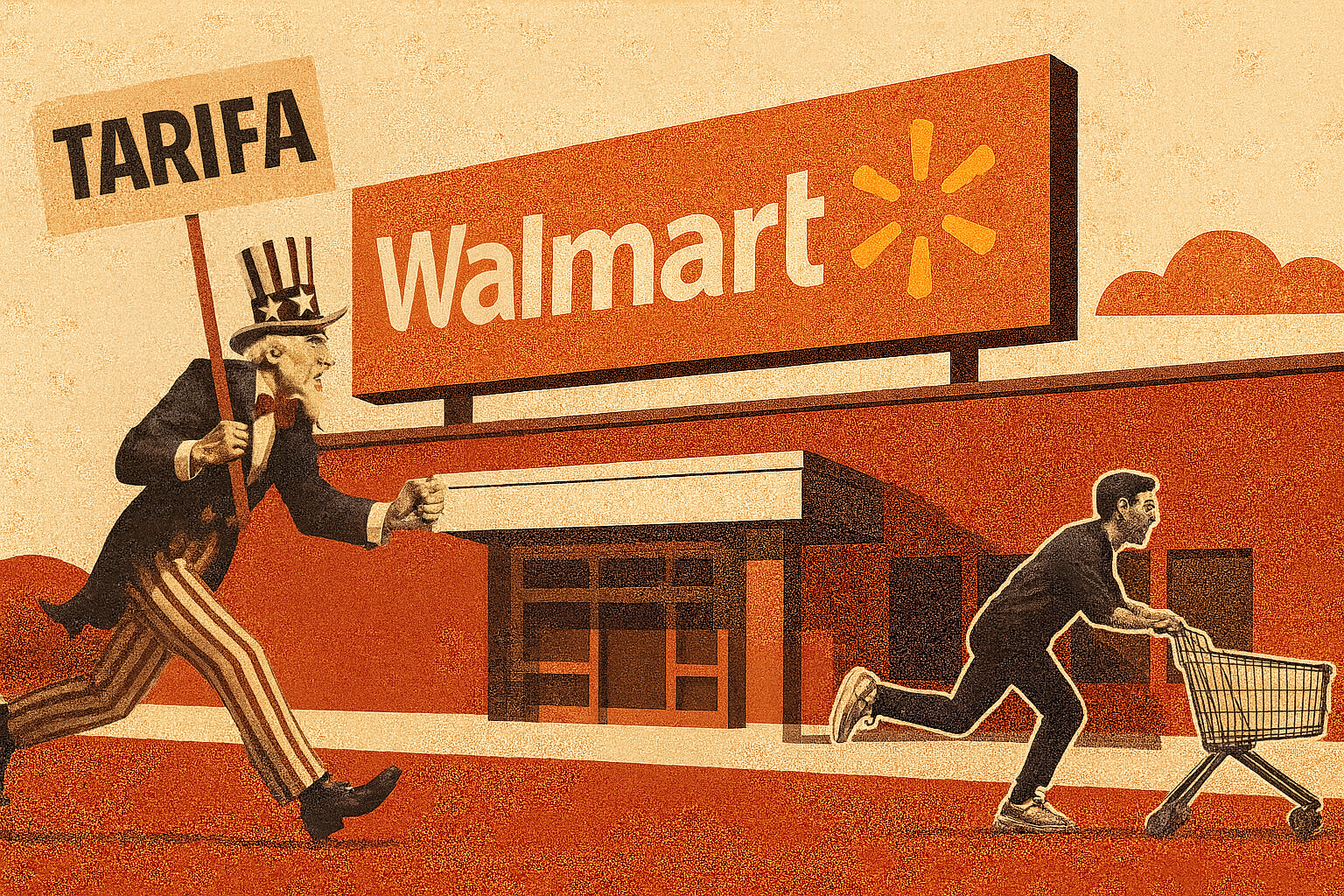 Ilustração de um Tio Sam carregando a uma placa com a palavra tarifa correndo atrás de uma pessoa com um carrinho de supermercado em frente a um Walmart