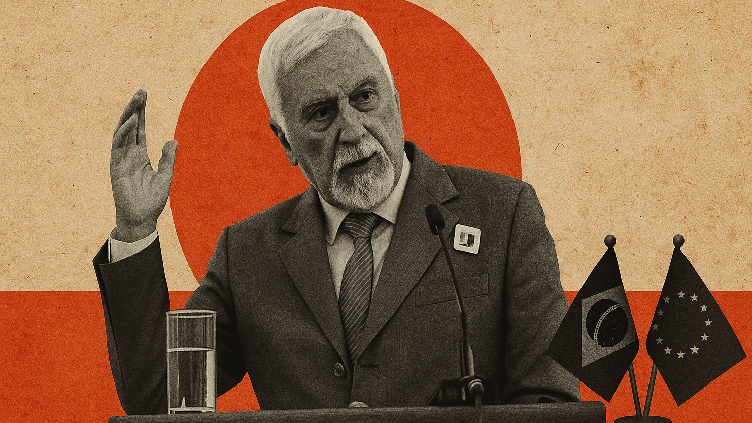 Ilustração do economista Edmar Bacha ao lado de bandeiras do Brasil e da UE