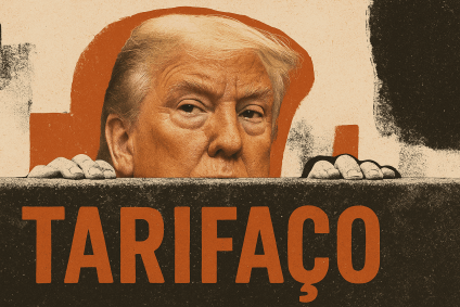 Ilustração do presidente dos EUA, Donald Trump, olhando por cima de um muro onde está escrito a palavra "tarifaço"