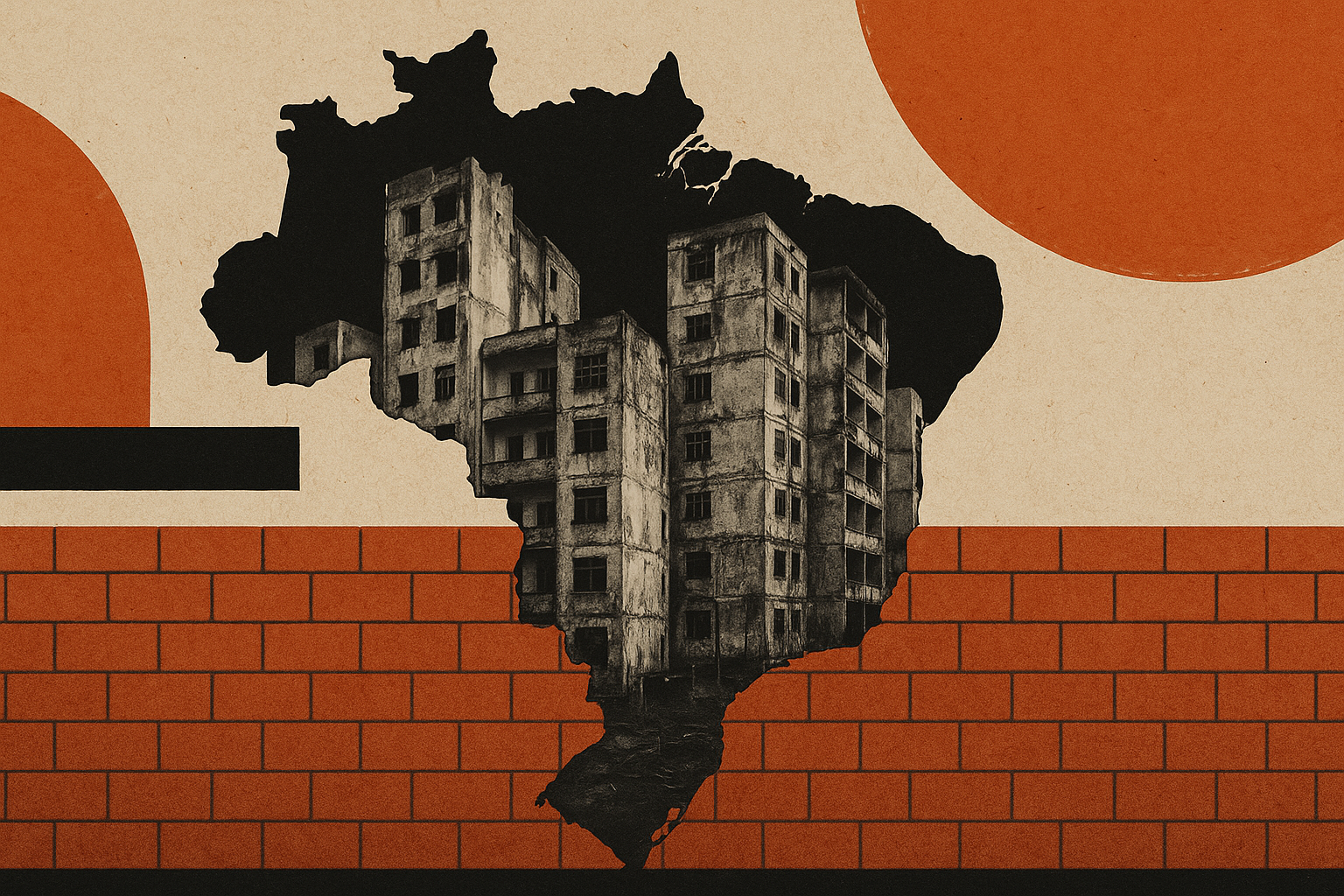 Silhueta do Brasil cercada por um muro e com prédios decadentes dentro