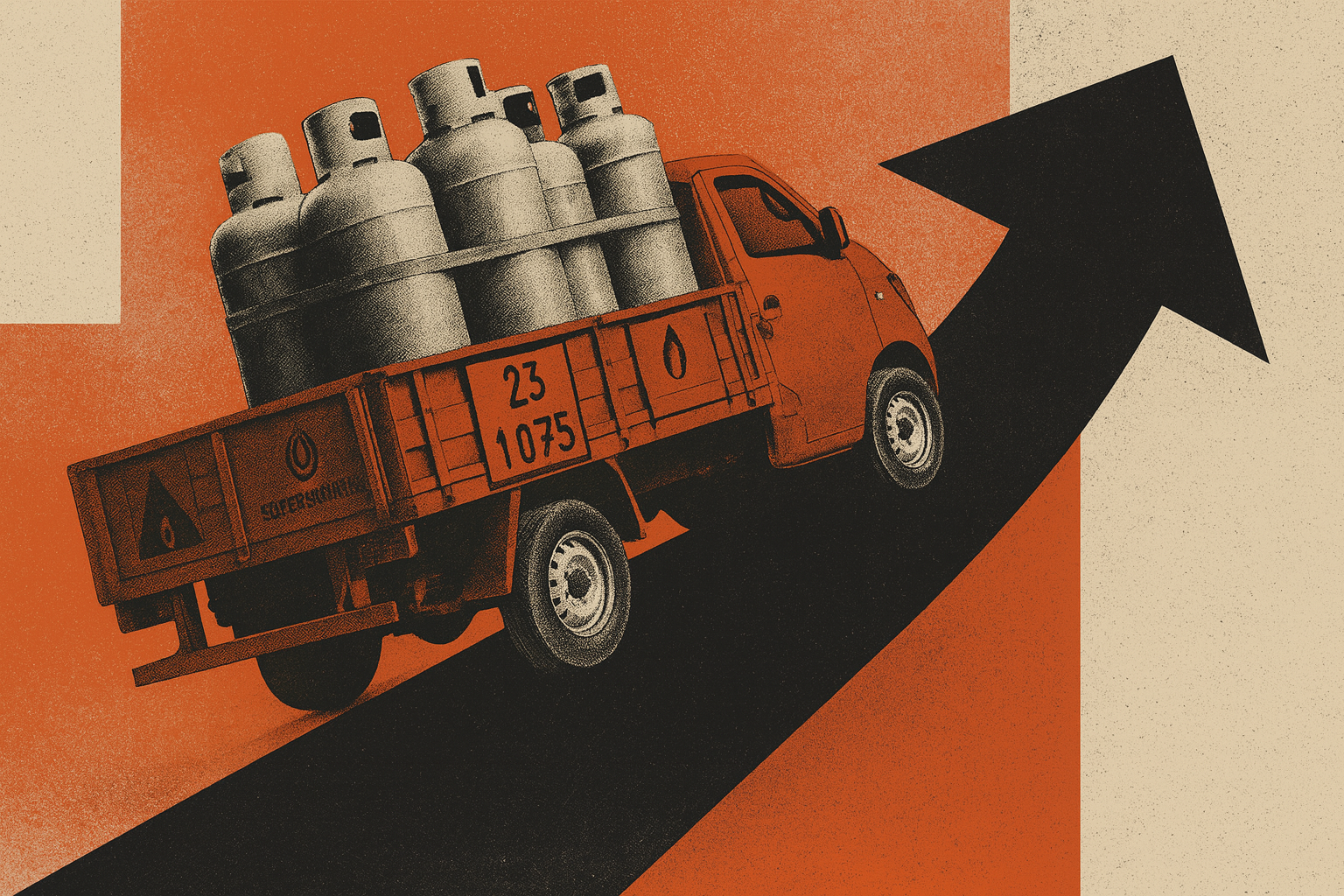 Ilustração de um caminhão carregado com botijões de gás subindo uma seta