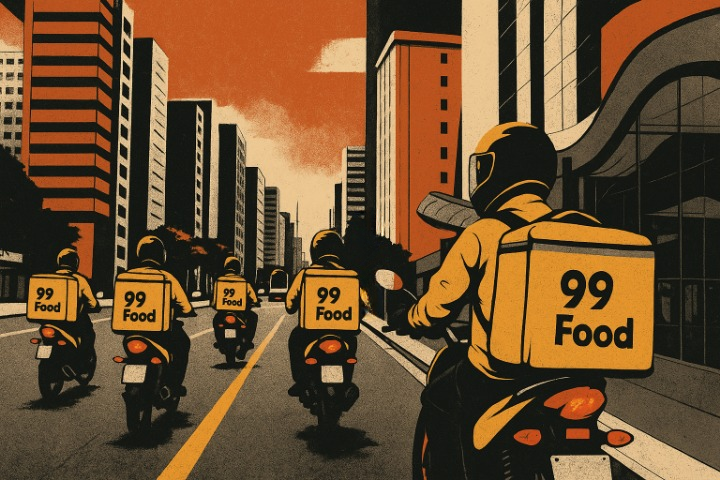 Ilustração de motoboys da 99Food na Avenida Paulista