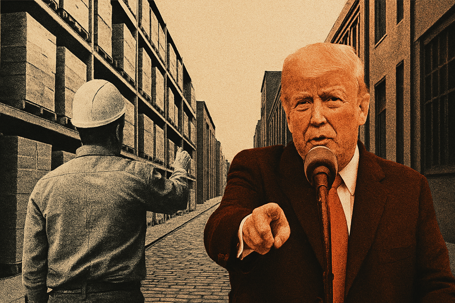 Ilustração de Donald Trump com um industrial ao lado