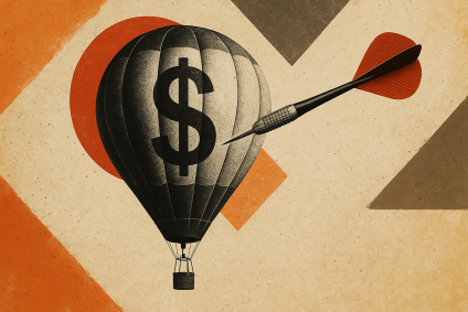 Ilustração de um balão com um "$" desenhado. Um dardo mira o centro dele