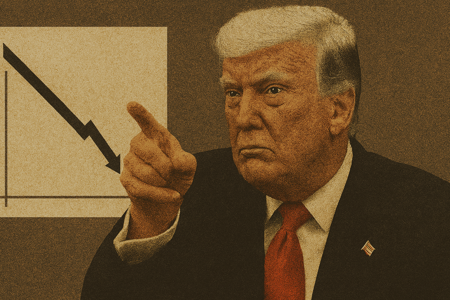O presidente dos Estados Unidos, Donald Trump, ao lado de um conceito de gráfico caindo