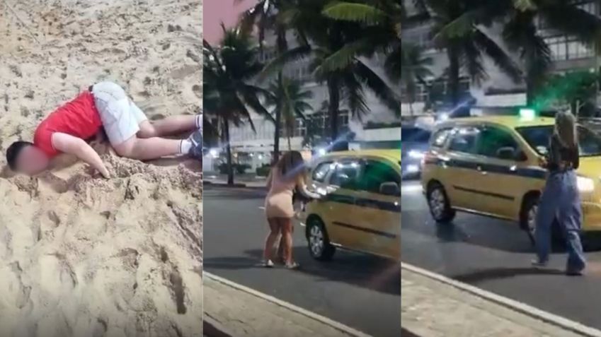 Testemunha registrou o momento em que o turista britânico, dopado, cai na areia, enquanto as mulheres suspeitas de aplicar o golpe fogem. • Reprodução - Redes Sociais