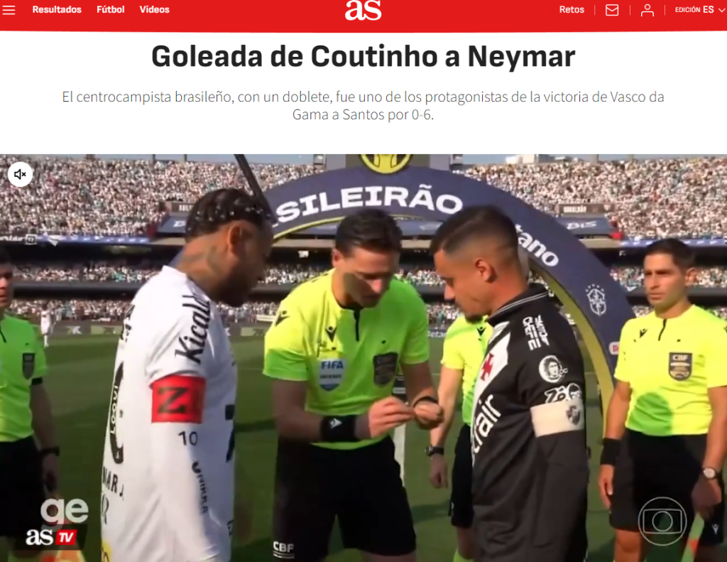 Diario AS, da Espanha, destacou goleada de Coutinho em Neymar
