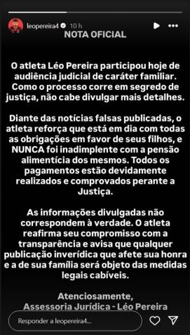 Léo Pereira diz que está em dia com as pensões alimentícias dos filhos que tem com Tainá Castro • Reprodução/Instagram