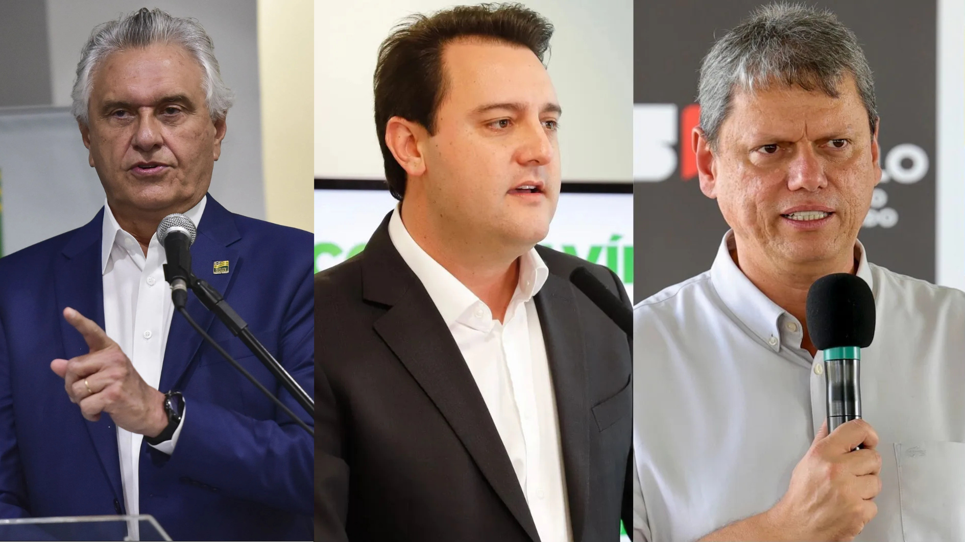 Os governadores Ronaldo Caiado (União-GO), Ratinho Jr. (PSD-PR) e Tarcísio de Freitas (Republicanos-SP)