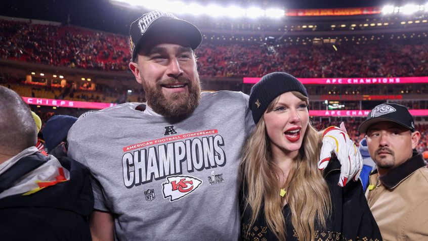 Travis Kelce e Taylor Swift após título do Kansas City Chiefs • Jamie Squire/Getty Images