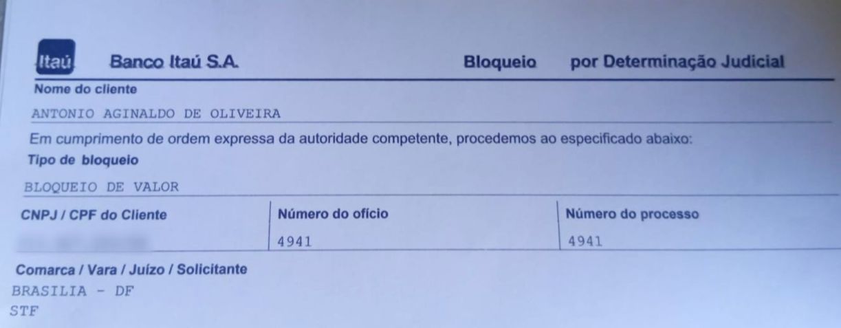 Antônio Aginaldo de Oliveira teve conta bancária bloqueada por decisão judicial • Reprodução