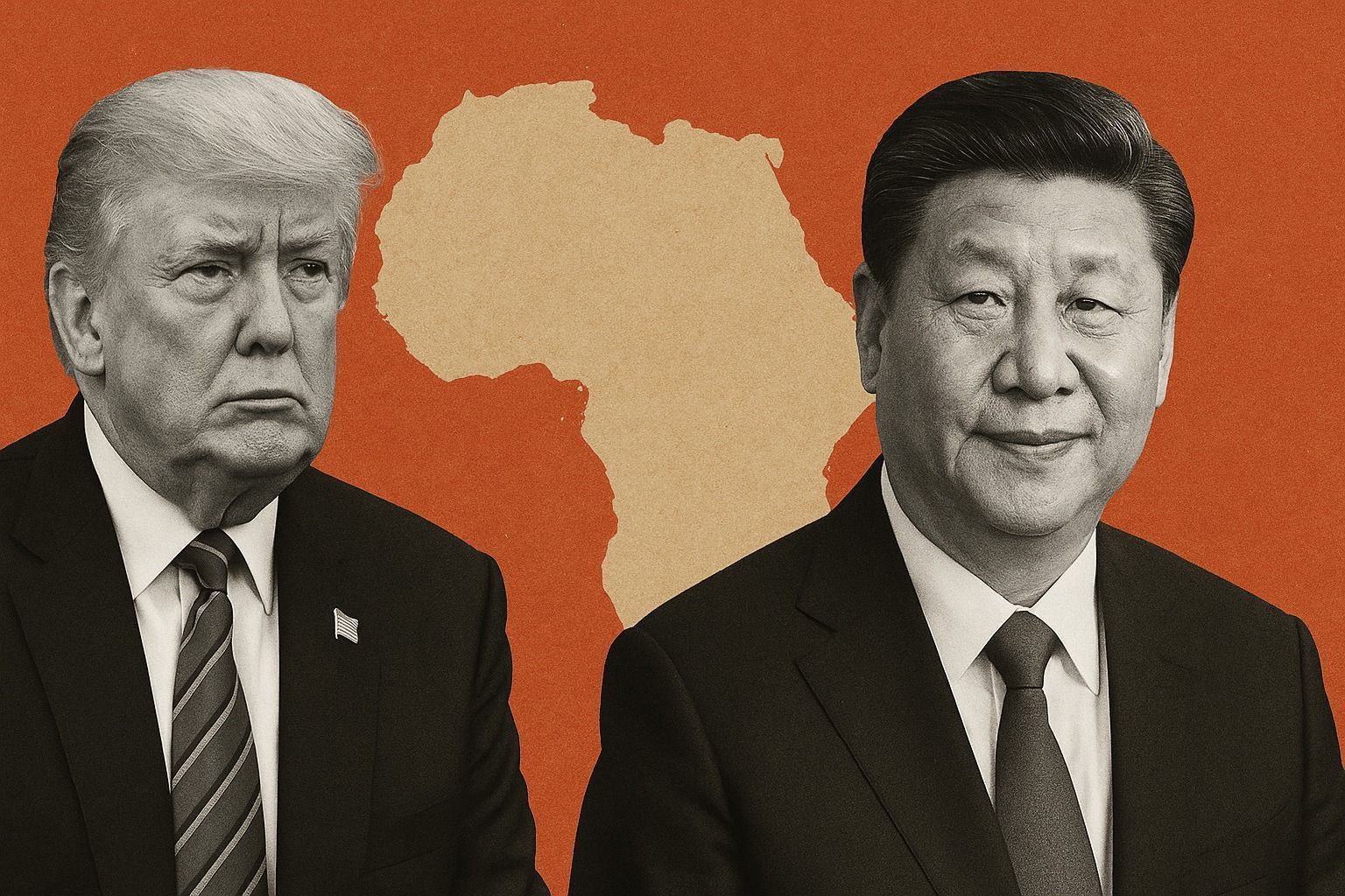 Ilustração de Donald Trump, presidente dos Estados Unidos, e Xi Jinping, presidente da China, à frente de representação do continente africano