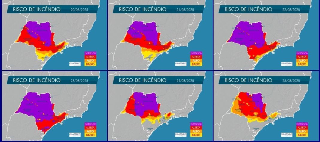 Mapa com o risco de incêndio entre os dias 20 e 25 de agosto • Defesa Civil