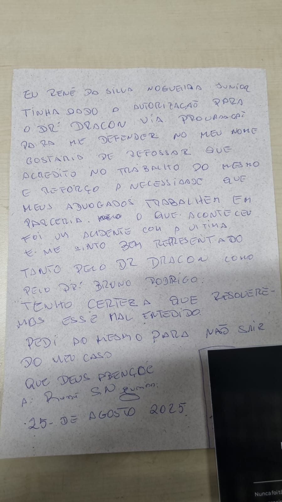 Carta do empresário que matou gari • Reprodução/Itatiaia