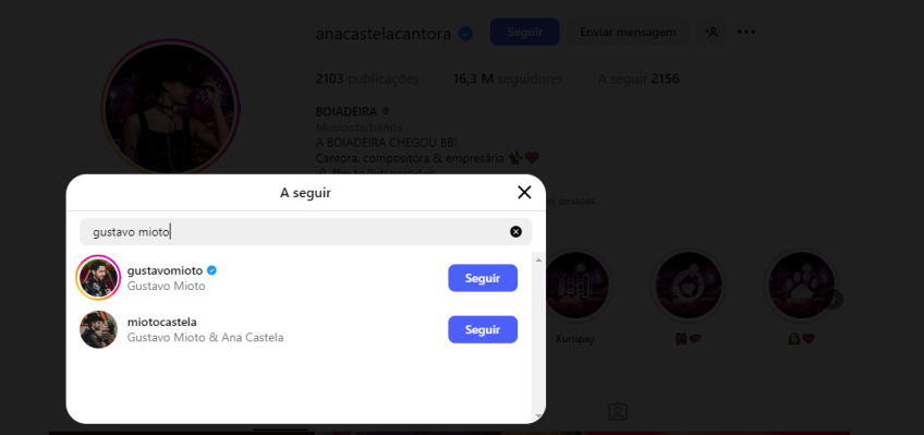 Ana Castela continua seguindo Gustavo Mioto • Instagram
