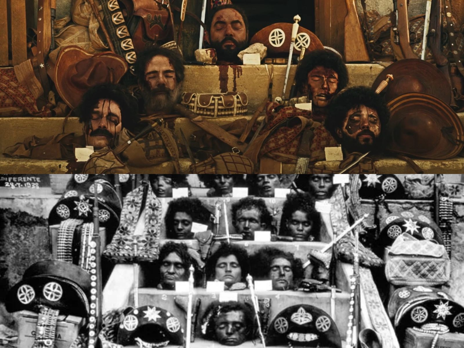 Cabeças de cangaceiros expostas na novela "Guerreiros do Sol" e na vida real • Reprodução/Globoplay e Reprodução/'Ciclo do Cangaço: Memórias da Bahia', de José Castro