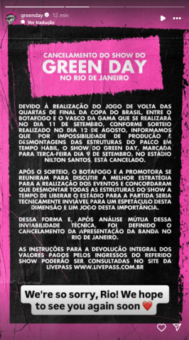 Green Day anunciou o cancelamento de seu show no Rio de Janeiro, que aconteceria em 9 de setembro • Instagram/Green Day