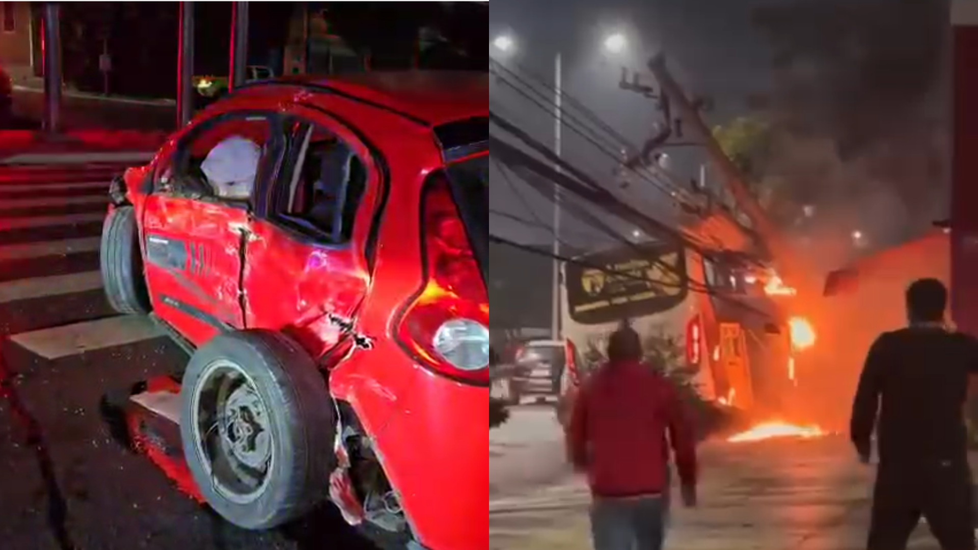 Após a batida, o oîbus atingiu um poste que caiu e causou um incêndio