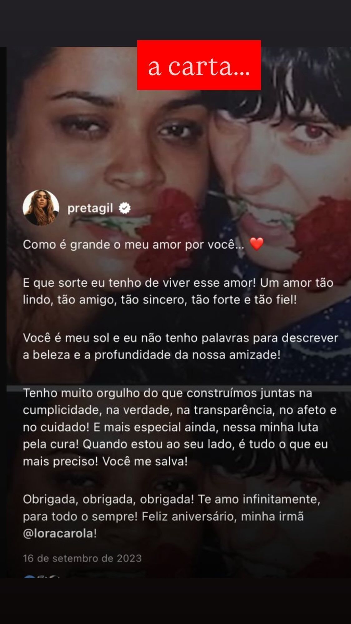 Carolina Dieckmann publica carta escrita por Preta Gil no aniversário da cantora • Instagram/ Carolina Dieckmann