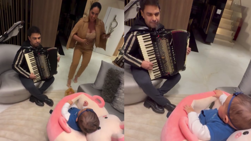 A herdeira de Zezé e Graciele prestou atenção na apresentação do pai em casa enquanto a mãe dançava