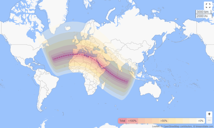 Mapa de visibilidade do eclipse solar total de 2 de agosto de 2027 • Reprodução/ Time and Date