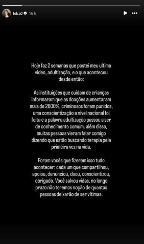 Felca comemorou alcance de seu vídeo-denúncia, publicado há duas semanas • Instagram/Felca