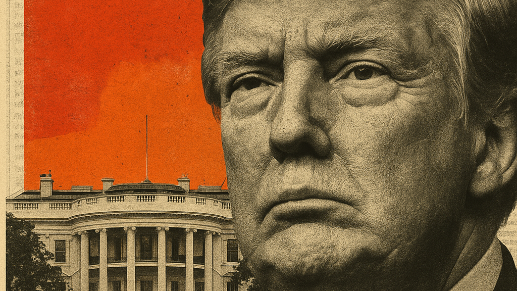 Ilustração de Donald Trump em frente à Casa Branca