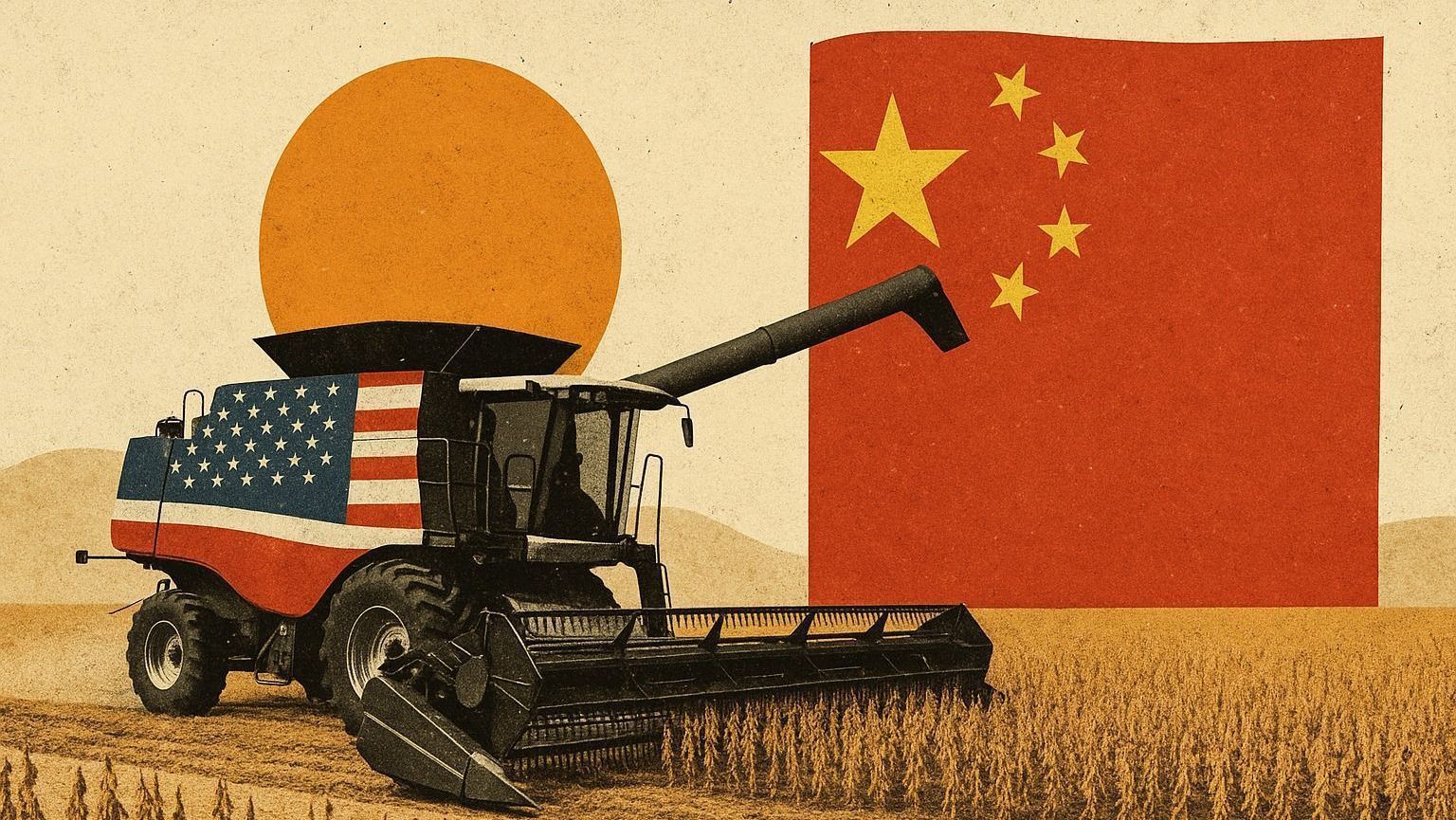 Colheitadeira de soja com a bandeira dos EUA e uma bandeira da China ao fundo