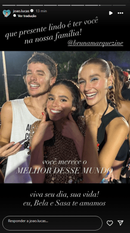 João Lucas, marido de Sasha, citou que é um presente ter Bruna Marquezine em sua família • Instagram/João Lucas