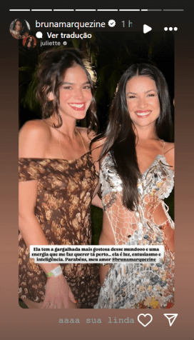 Juliette rasgou elogios à Bruna Marquezine ao celebrar o aniversário da amiga • Instagram/Bruna Marquezine