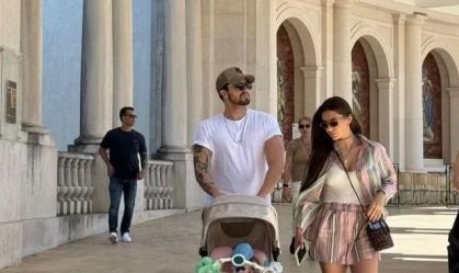 Luan Santana passeia com filha e Jade Magalhães em Portugal