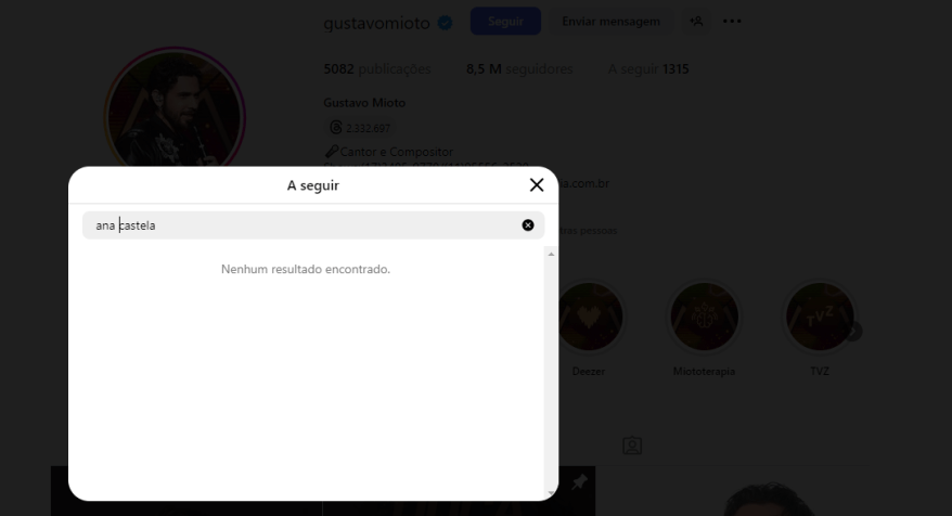 Gustavo Mioto deixou de seguir Ana Castela • Instagram