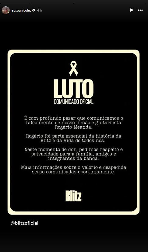 Vocal Nicole Cyrne compartilhou nota de luto pela morte de Rogério Meanda • Instagram/Nicole Cyrne