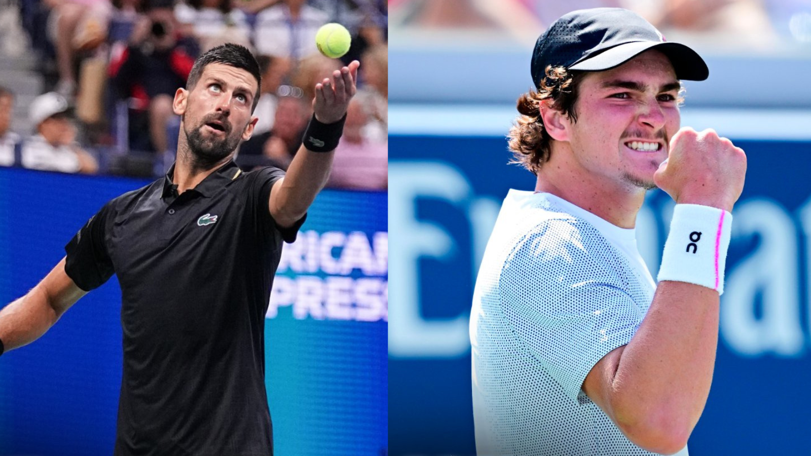 O sérvio Novak Djokovic (à esquerda) e o brasileiro João Fonseca (à direita)