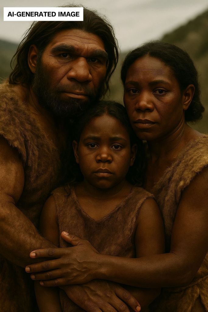 Um pesquisador do projeto usou um programa de software de IA para criar uma imagem de como seria uma família híbrida de Neandertal e Homo sapiens