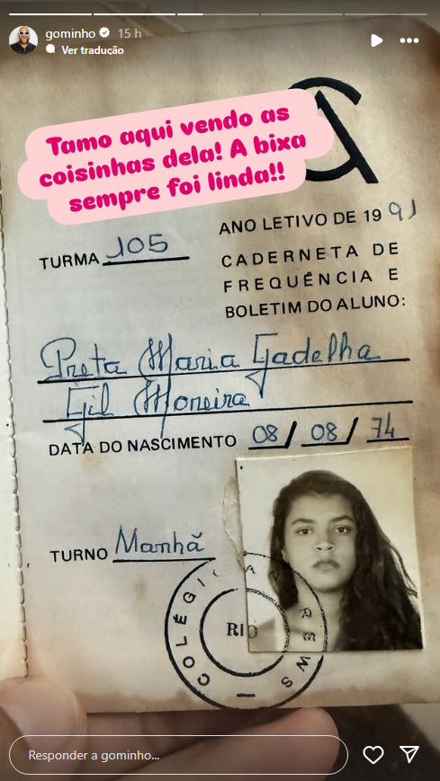 Gominho publicou foto de boletim escolar de Preta Gil • Gominho/Instagram