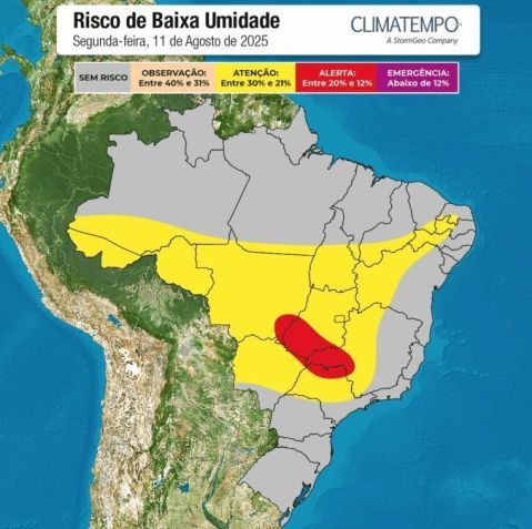 Em vermelho no mapa, área em destaque para baixa umidade do ar • Climatempo