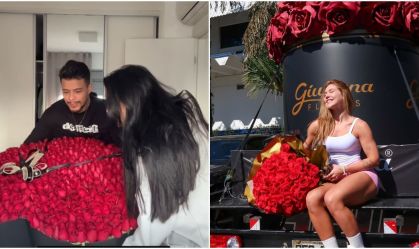 Felipe Amorim dá buquê à namorada após enviar caminhão de rosas à Virginia
