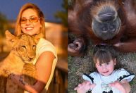 Virginia leva filhos ao zoológico em Dubai e segura onça no colo