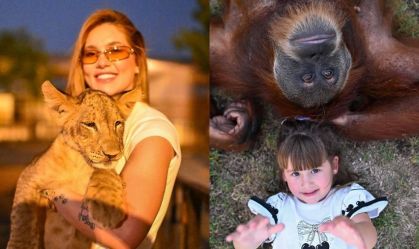 Virginia leva filhos ao zoológico em Dubai e segura onça no colo