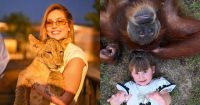 Virginia leva filhos ao zoológico em Dubai e segura onça no colo